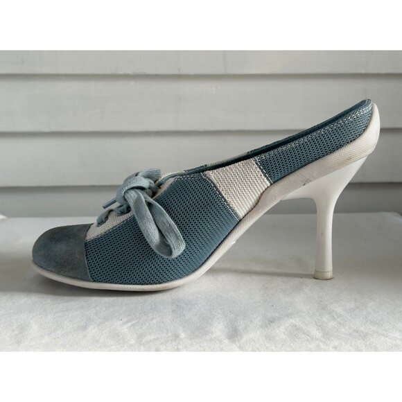 Jeffrey Campbell Cut Throat Mesh Lace Up Heeled Pumps Dusty Blue Combo Size 9 - Picture 1 of 14